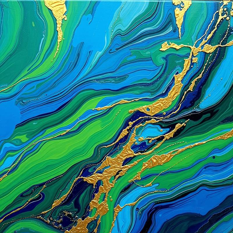 A close-up shot of an abstract painting featuring swirling blues, greens, and golds