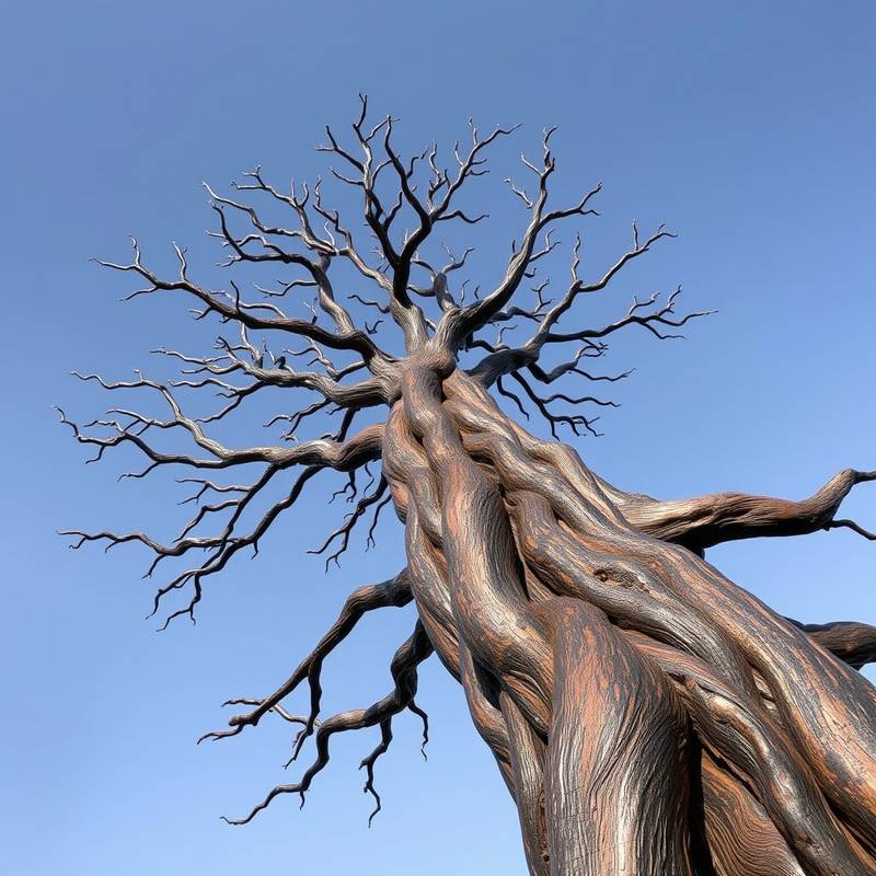 A metal and wood sculpture by Marcus Chen, resembling a stylized tree reaching towards the sky