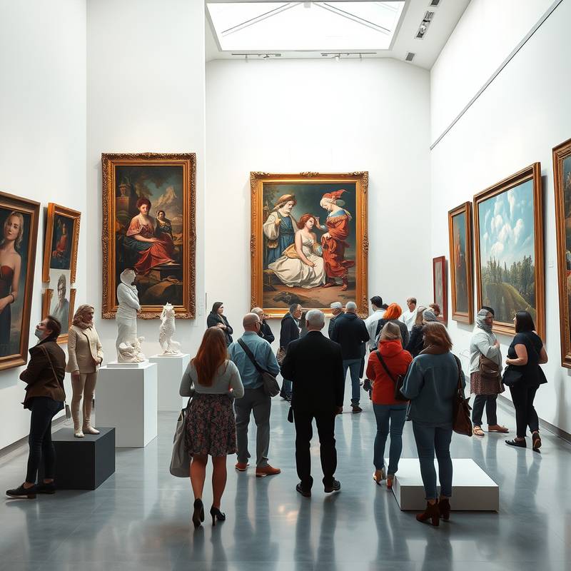 A photograph of a modern gallery space with various paintings and sculptures on display, visitors are seen observing the art