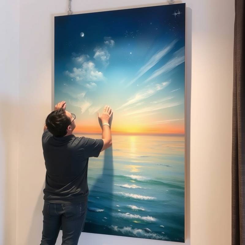 A professional art installer carefully hanging a large canvas on a wall using precise tools and techniques