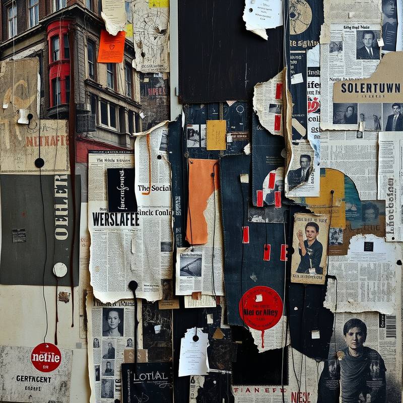 Abstract mixed media collage incorporating newspaper clippings, fabric scraps, and paint, exploring themes of urban decay and societal issues