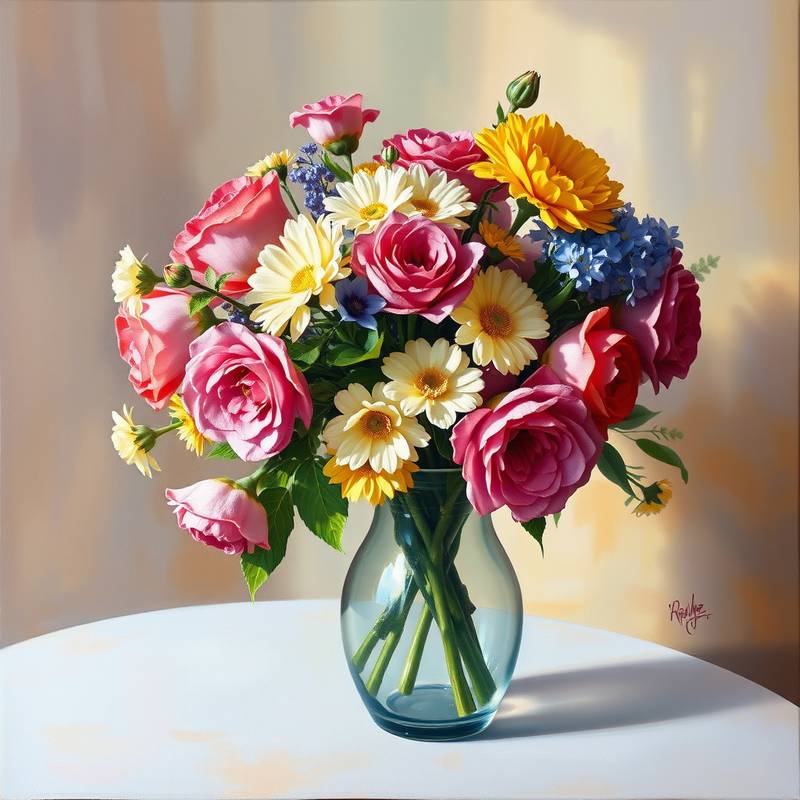 Acrylic painting depicting a vibrant bouquet of flowers in a vintage vase, showcasing the beauty and fragility of life