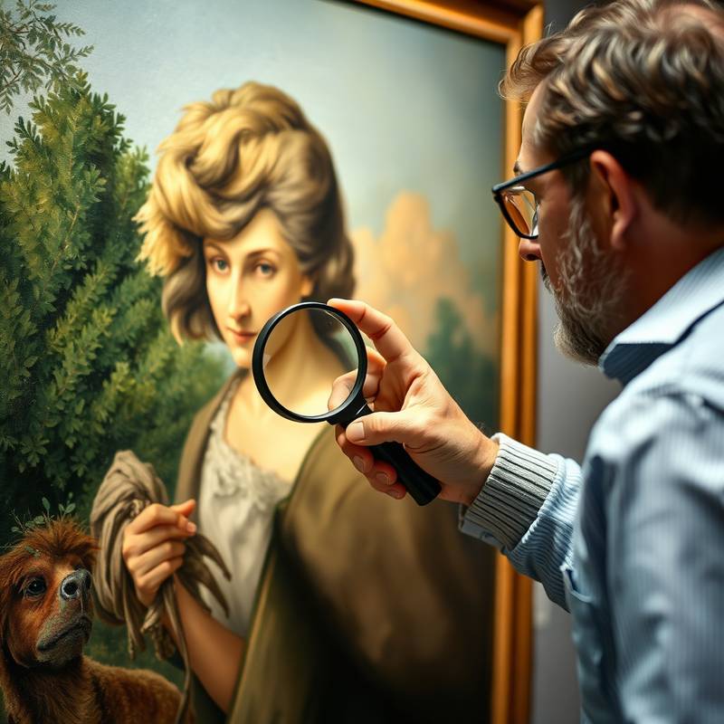 An art appraiser carefully examining a painting, using a magnifying glass and professional lighting to assess its condition and value