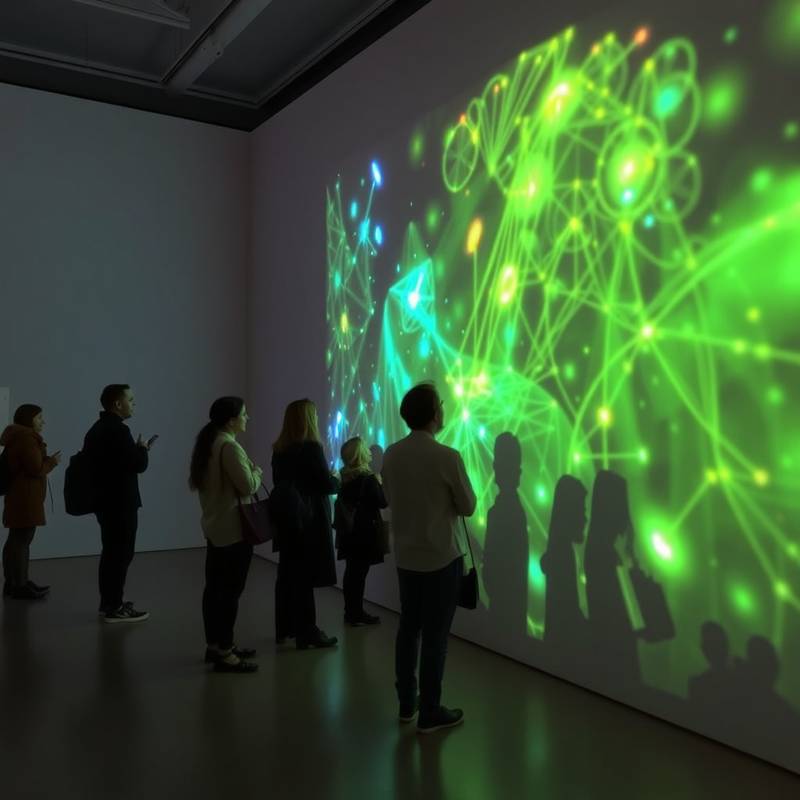 An interactive digital art installation by Anya Petrova, with visitors interacting with projections on a wall