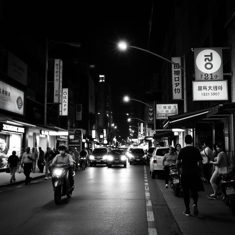 Black and white photograph capturing the bustling street life of a vibrant city at night