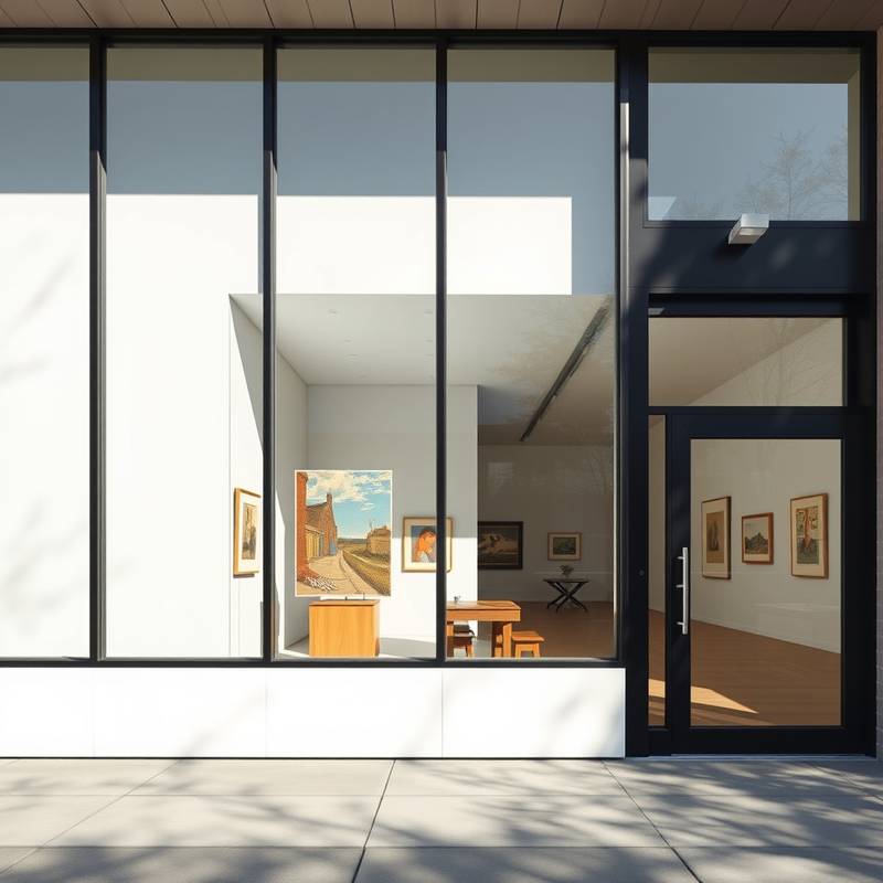 Exterior view of the Chromatic Canvas Gallery building, a modern structure with large windows displaying artwork within.