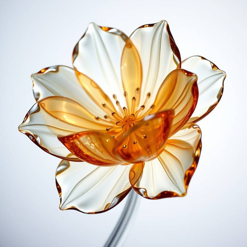 Glass sculpture of a delicate flower, showcasing the artist's skill in manipulating molten glass to create intricate and lifelike forms, symbolizing beauty and fragility
