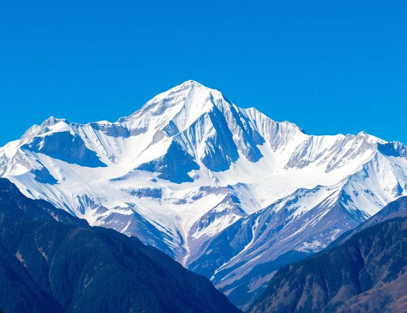 Landscape photograph capturing the majestic beauty of snow-capped mountains under a clear blue sky, evoking a sense of awe and wonder
