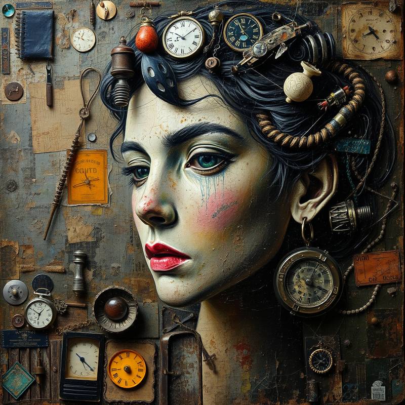 Mixed media artwork combining collage, painting, and found objects, exploring themes of memory and identity