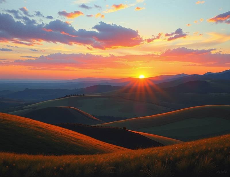 Oil painting on canvas depicting a serene landscape with rolling hills and a vibrant sunset