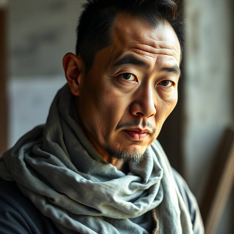 Portrait of Marcus Chen, a sculptor specializing in metal and wood