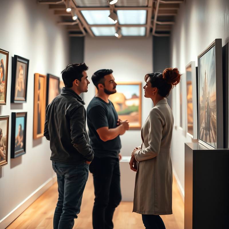 Two individuals discussing a piece of art in a well-lit gallery setting during an art consultation session