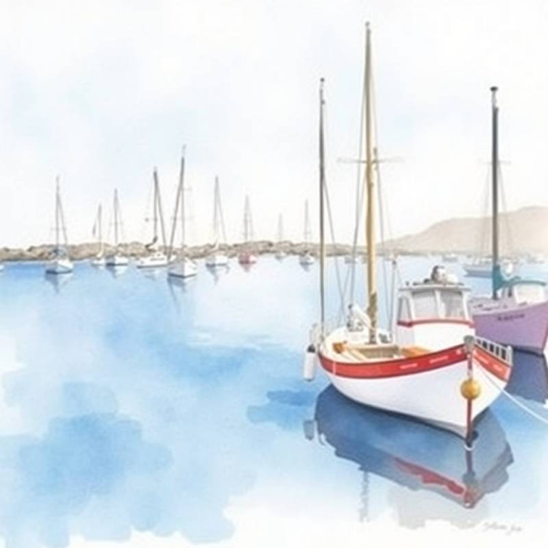 Watercolor painting depicting a peaceful harbor scene with boats gently swaying in the water, capturing the tranquility and serenity of coastal life